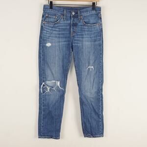 Levis 501 Tapered Mid Rise Distressed Blue Jeans Button Fly Womens Sz 26